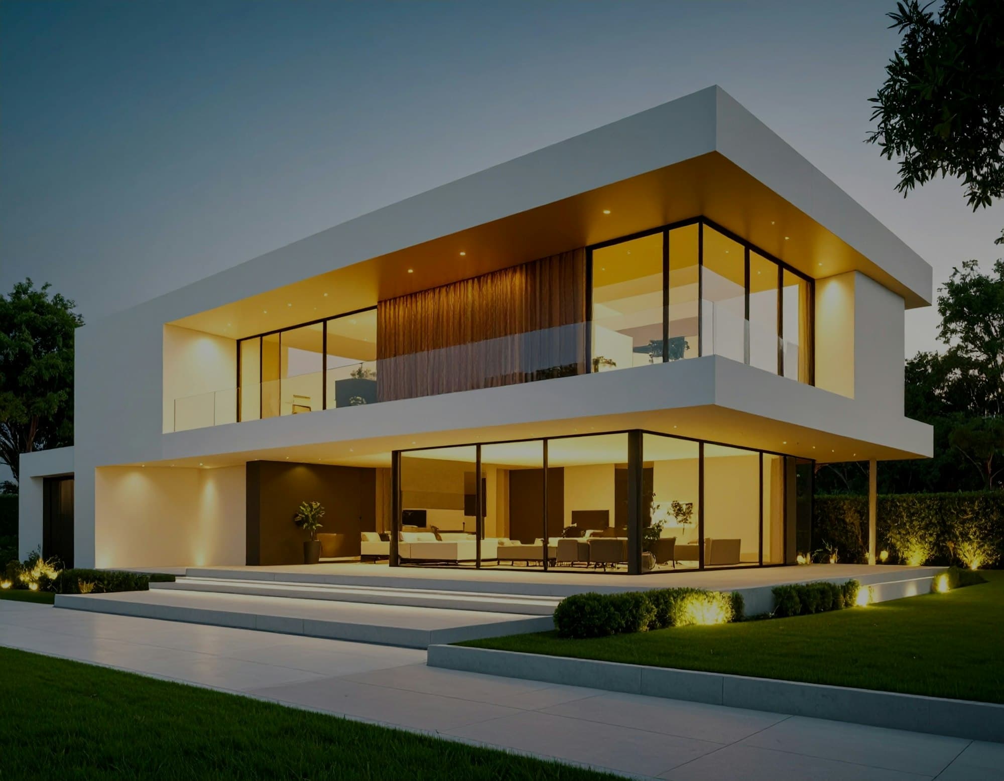 Modern two-storey house lit from within at dusk, glass walls open to a lawn